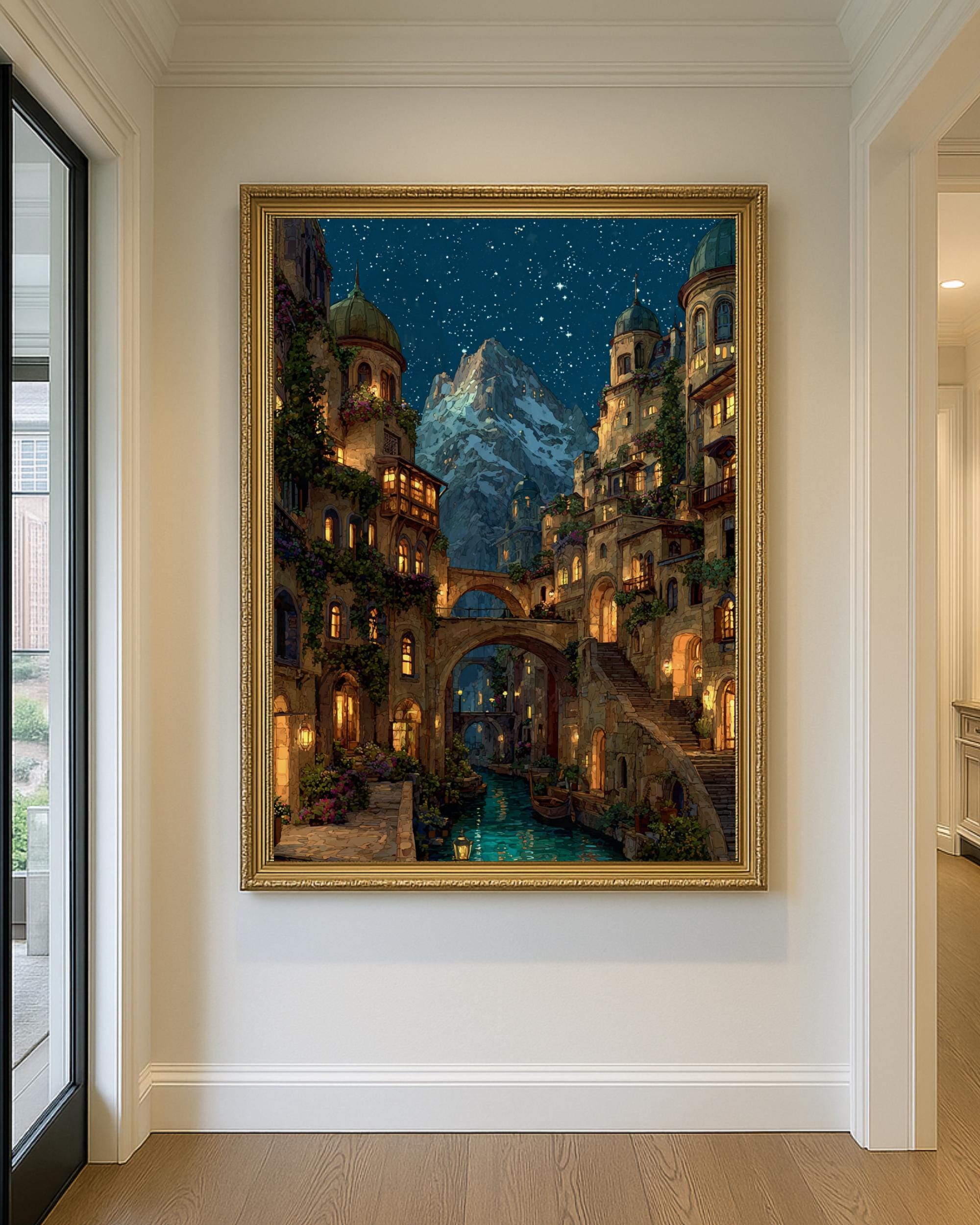 City of Starlight Alpine Village Wall Art Print, Starry Sky at Night Cityscape Painting