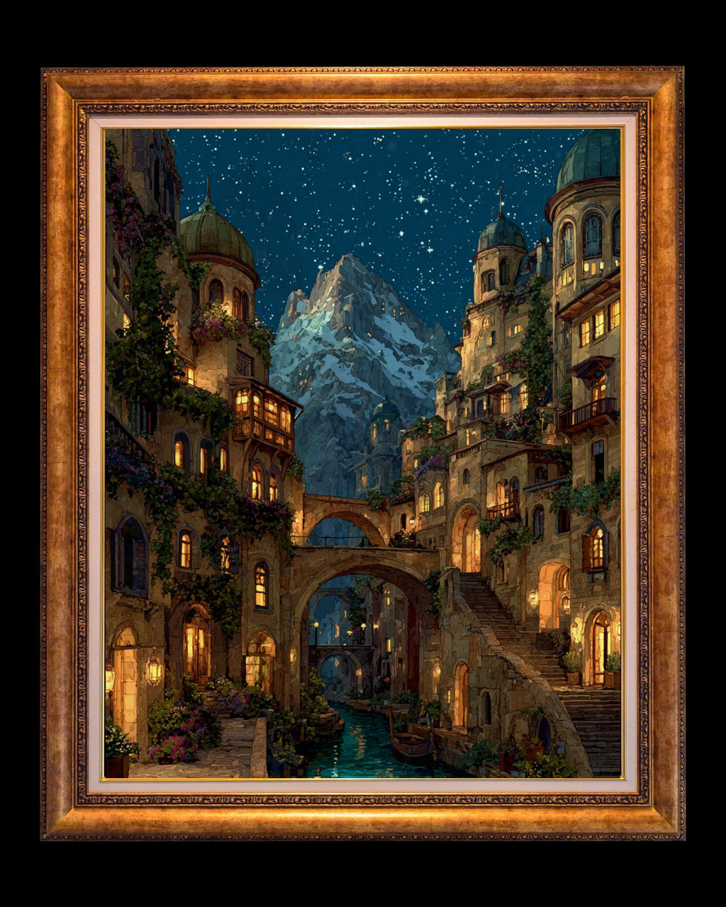City of Starlight Alpine Village Wall Art Print, Starry Sky at Night Cityscape Painting