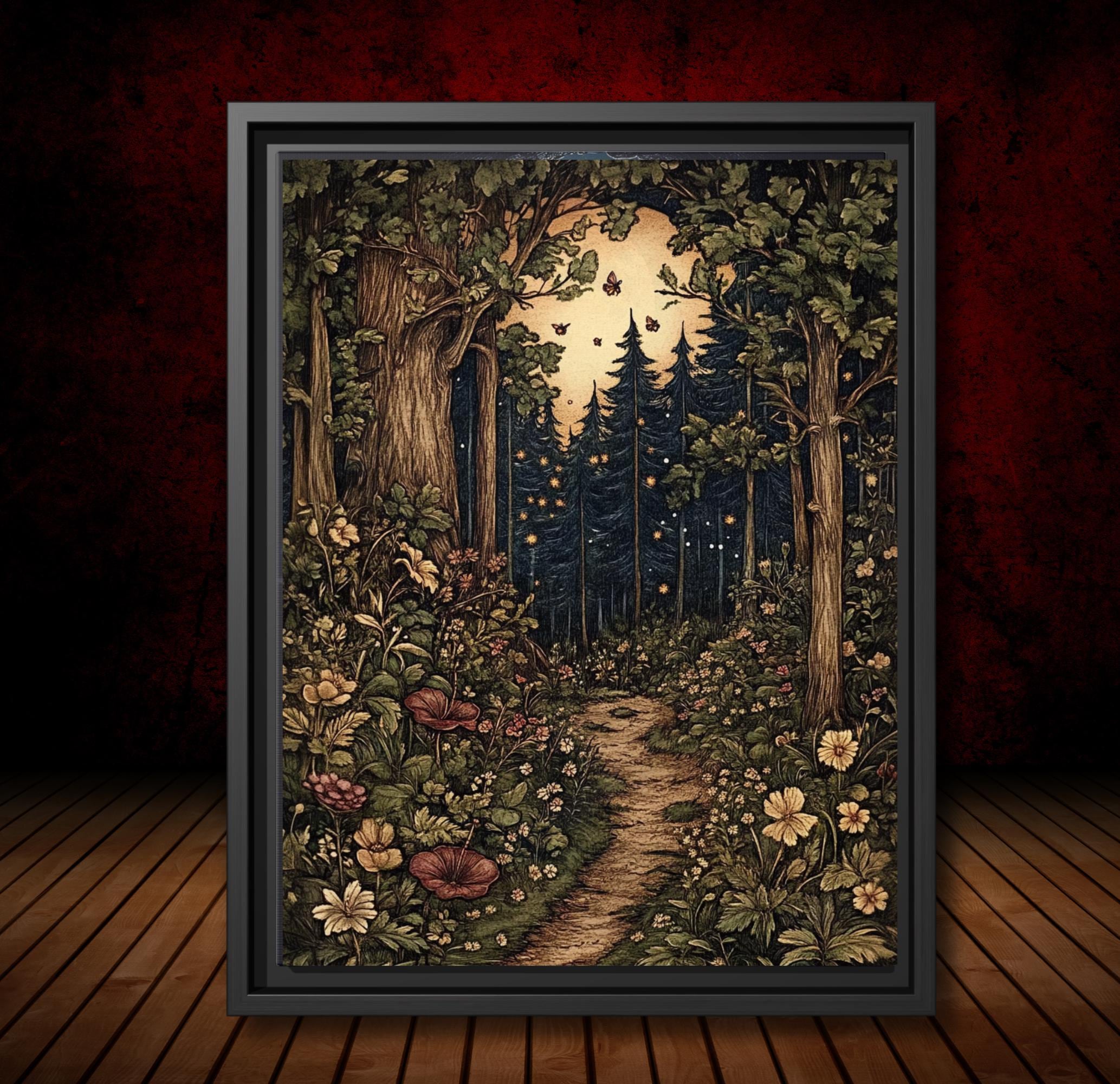 William Morris Inspired Forest Path Art Print: Cottagecore Fireflies and Trees Main image