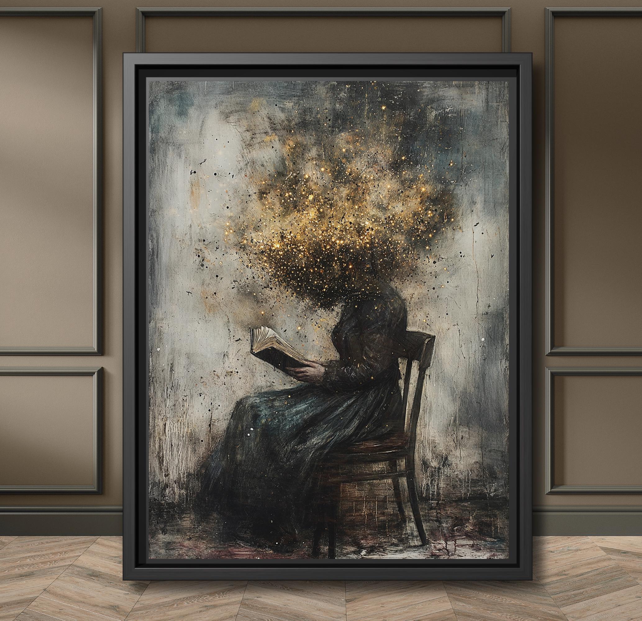 Seated Victorian Woman Reading Wallart Print, Head in Cloud of Bees Painting Main image