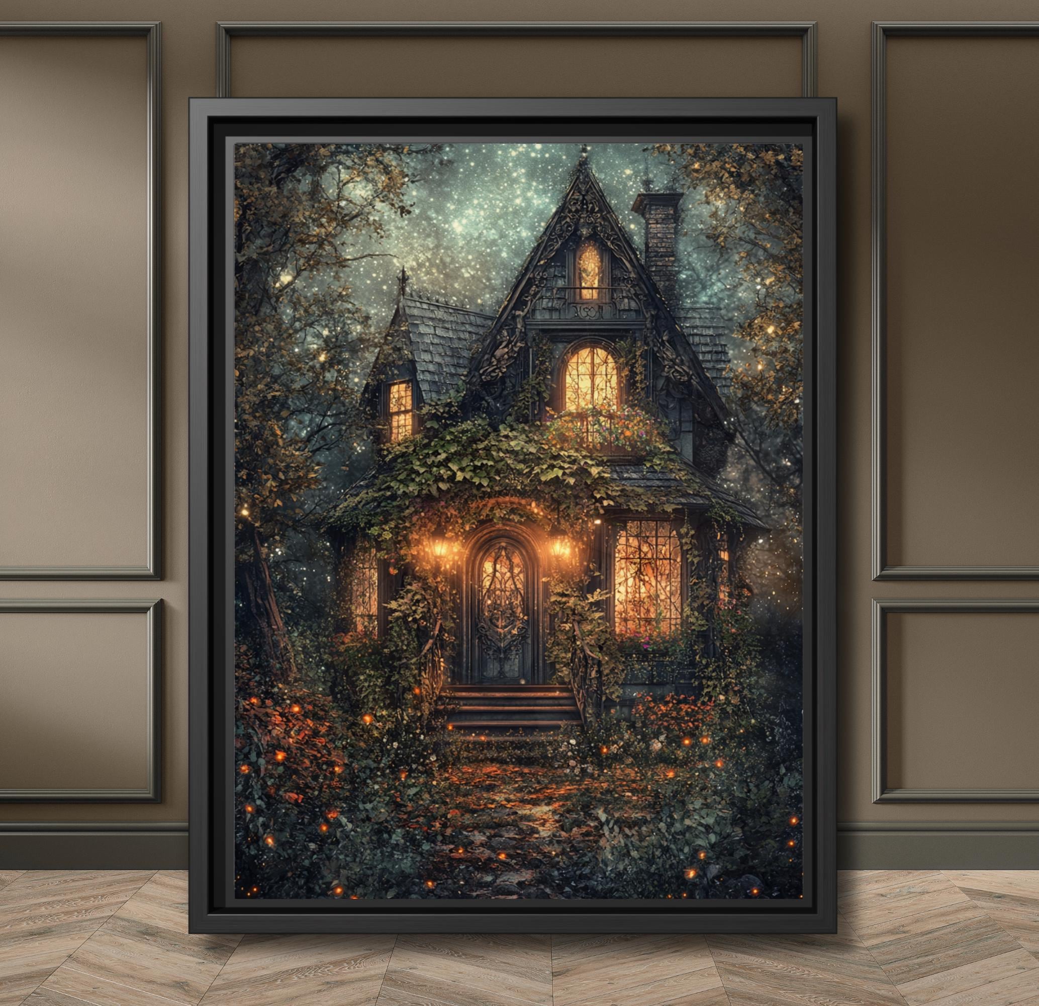 Enchanted Fairy Tale Stone Cottage Art Print Romantic Victorian Forest House Golden Lamplight Painting Secondary image