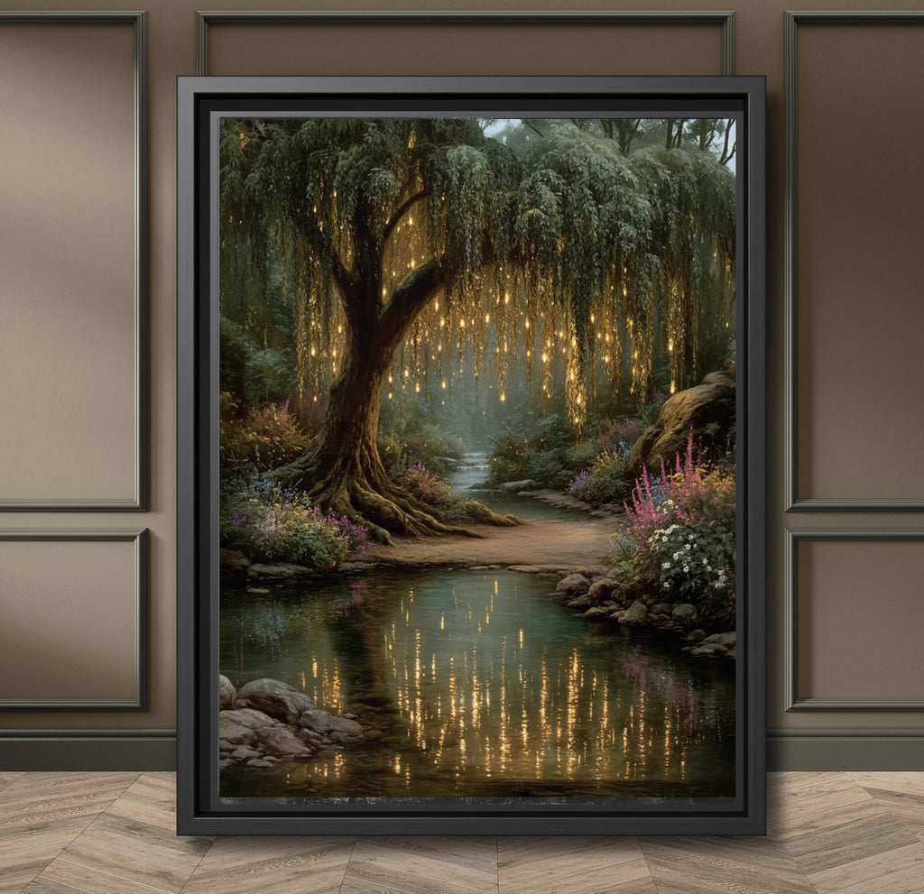 Enchanted Willow Tree Wall Art Print, Magical Forest Path Artwork, Fairy Light Woodland Decor