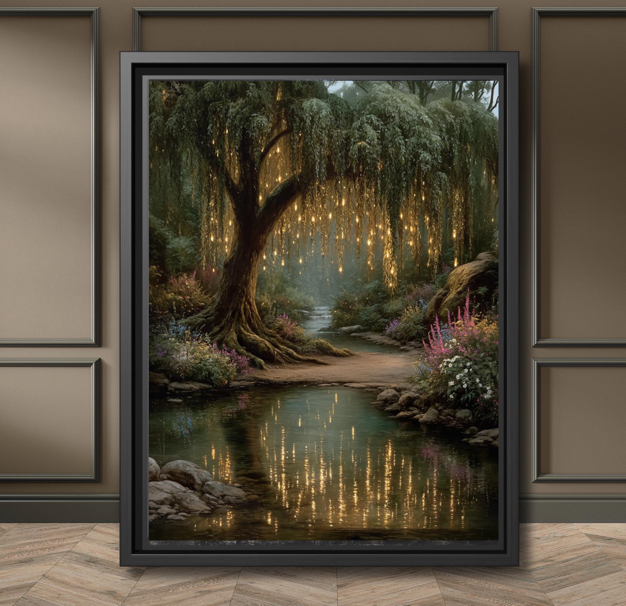 Enchanted Willow Tree Wall Art Print, Magical Forest Path Artwork, Fairy Light Woodland Decor