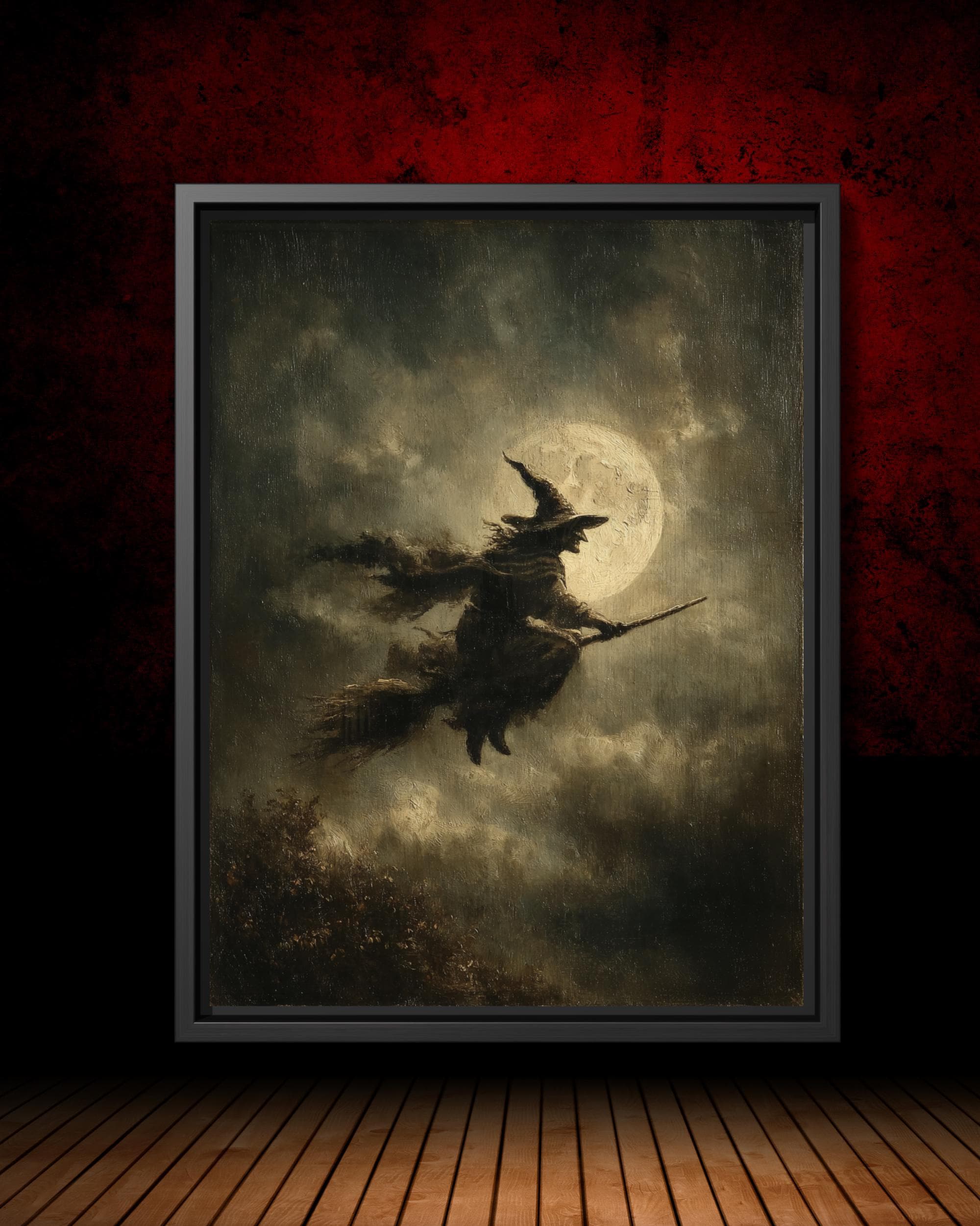 Vintage Witch Print, Flying Broomstick Silhouette, Full Moon Halloween Witchy Dark Moody Decor Main image