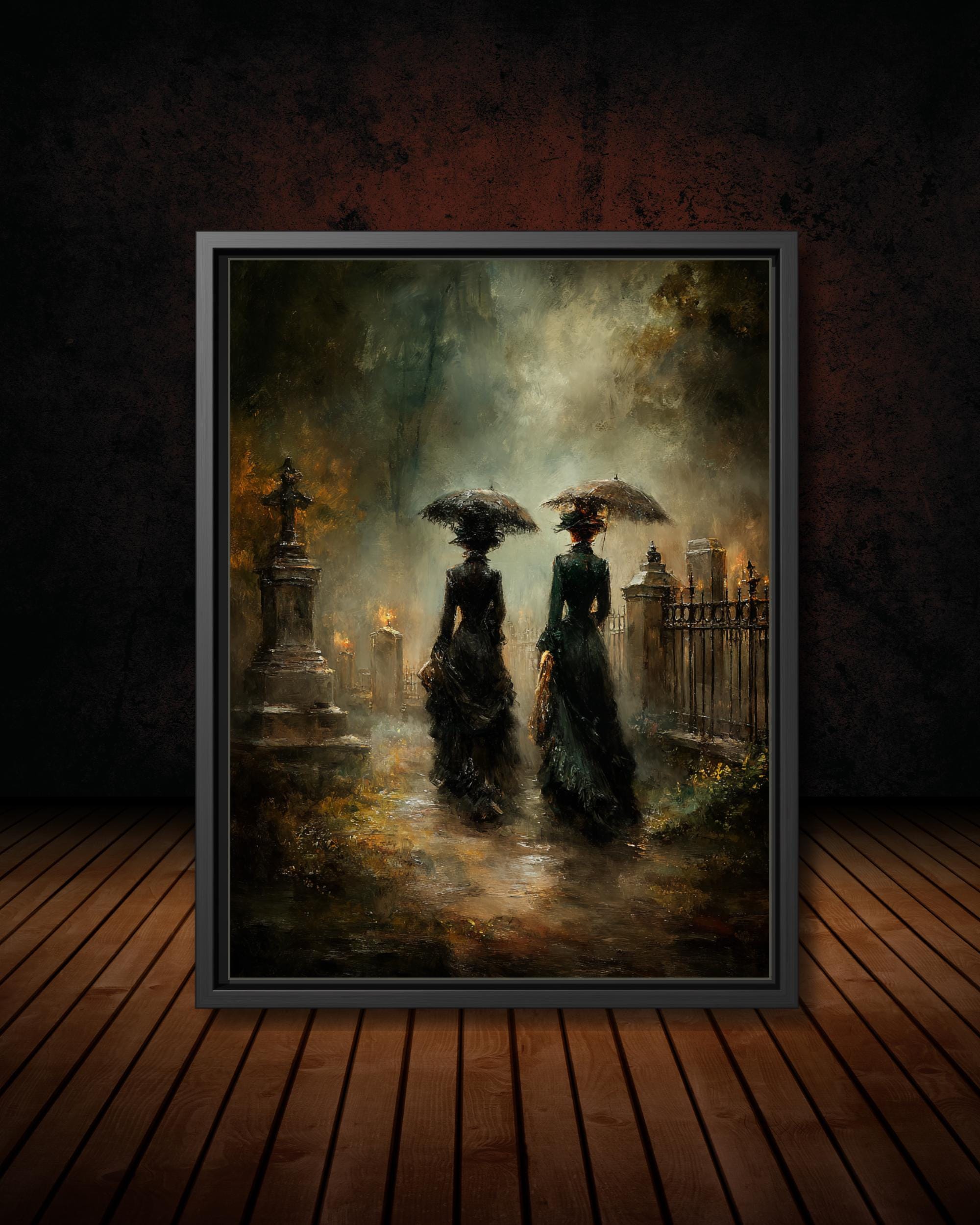 Victorian Mourning Ladies Wallart Print, Funeral Cemetary Scene, Moody Bereavement Memorial Art
