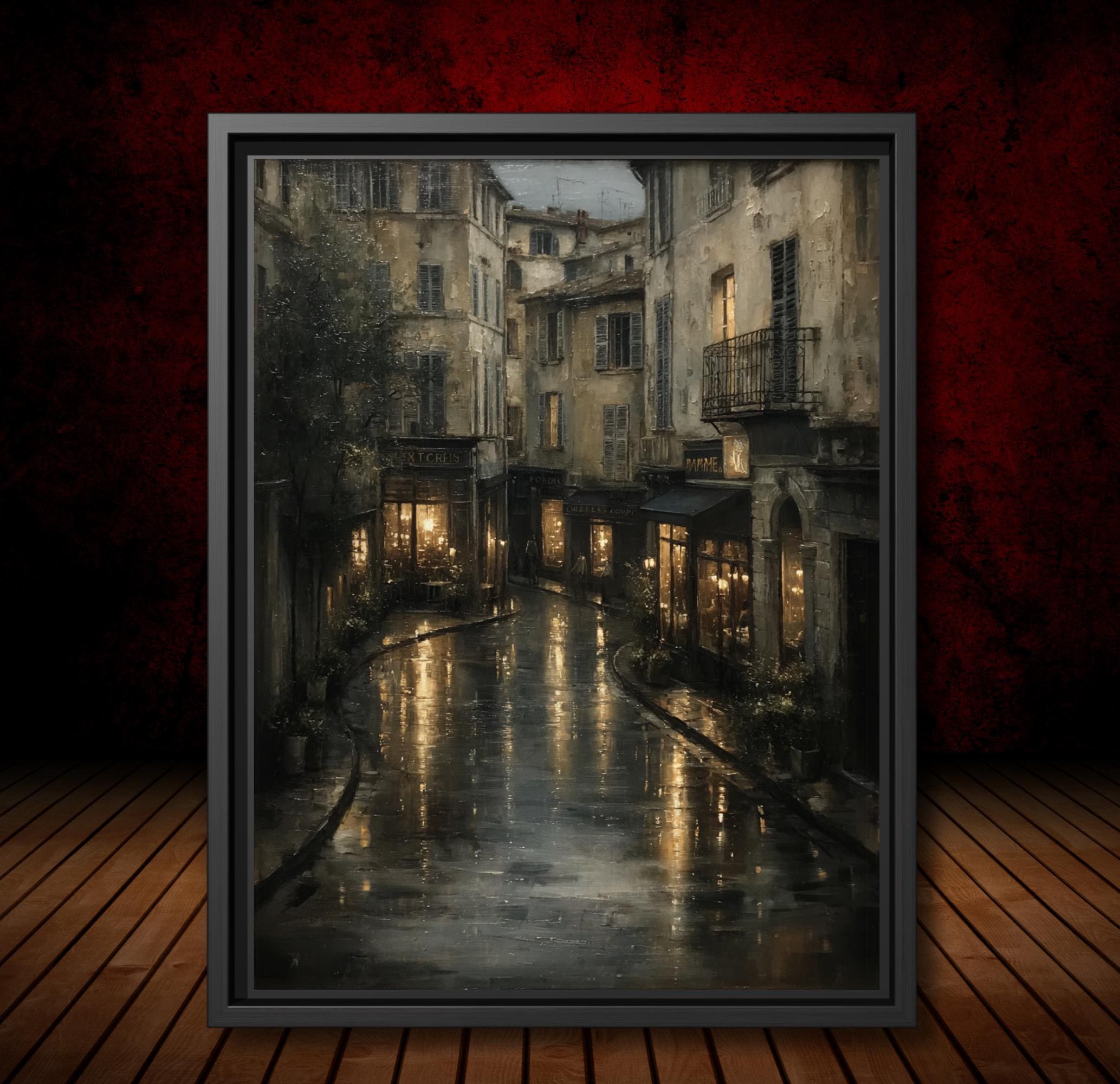 Rainy European Street Wall Art Print Moody City Night, Dark Academia Vintage Wall Decor Secondary image