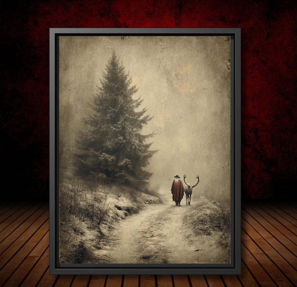 Father Christmas with Reindeer Wall Art Print, Vintage Winter Forest Scene Painting