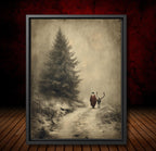 Father Christmas with Reindeer Wall Art Print, Vintage Winter Forest Scene Painting