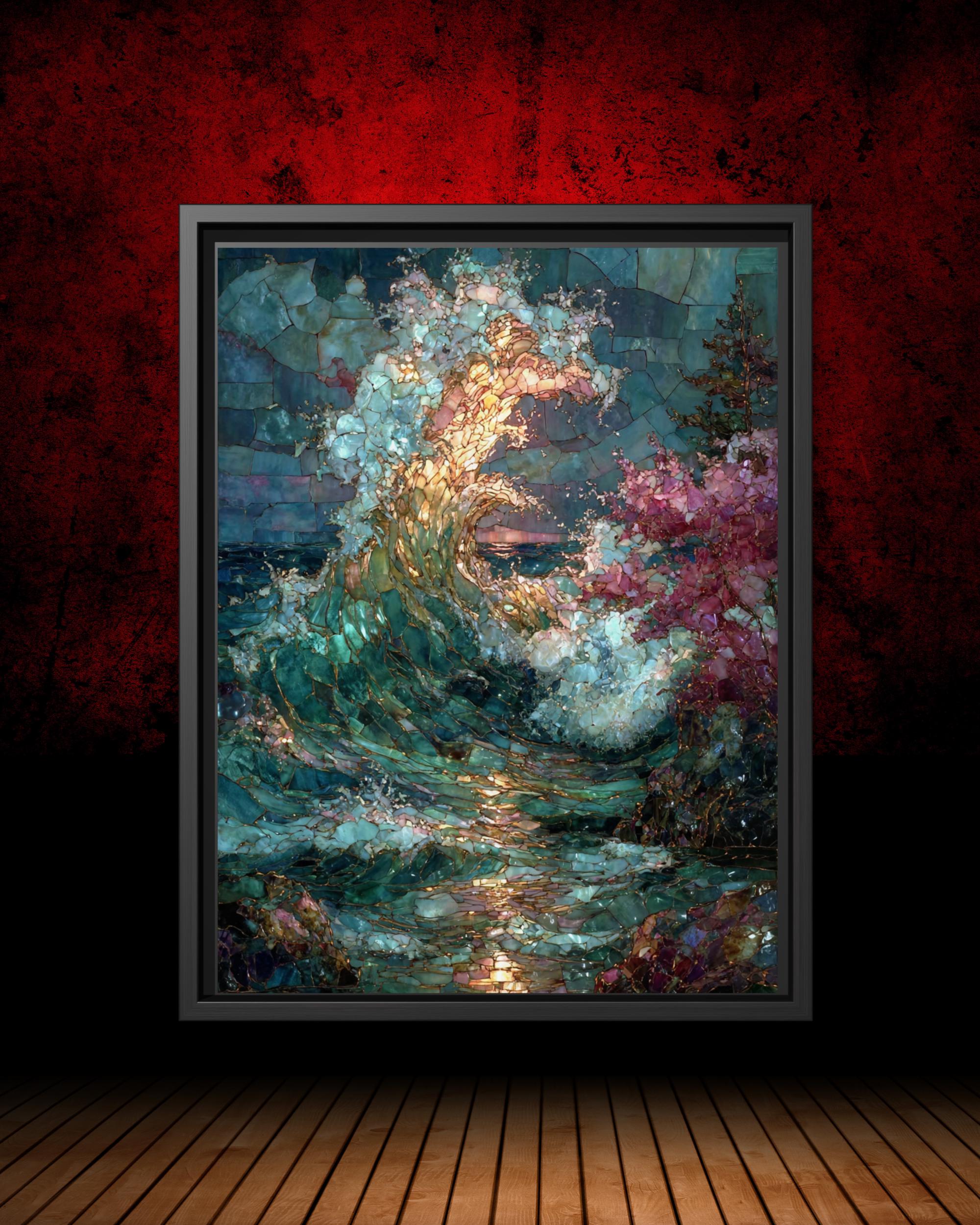 Stained Glass Effect Ocean Tree Wall Print, Wave Art Mosaic, Sea Painting