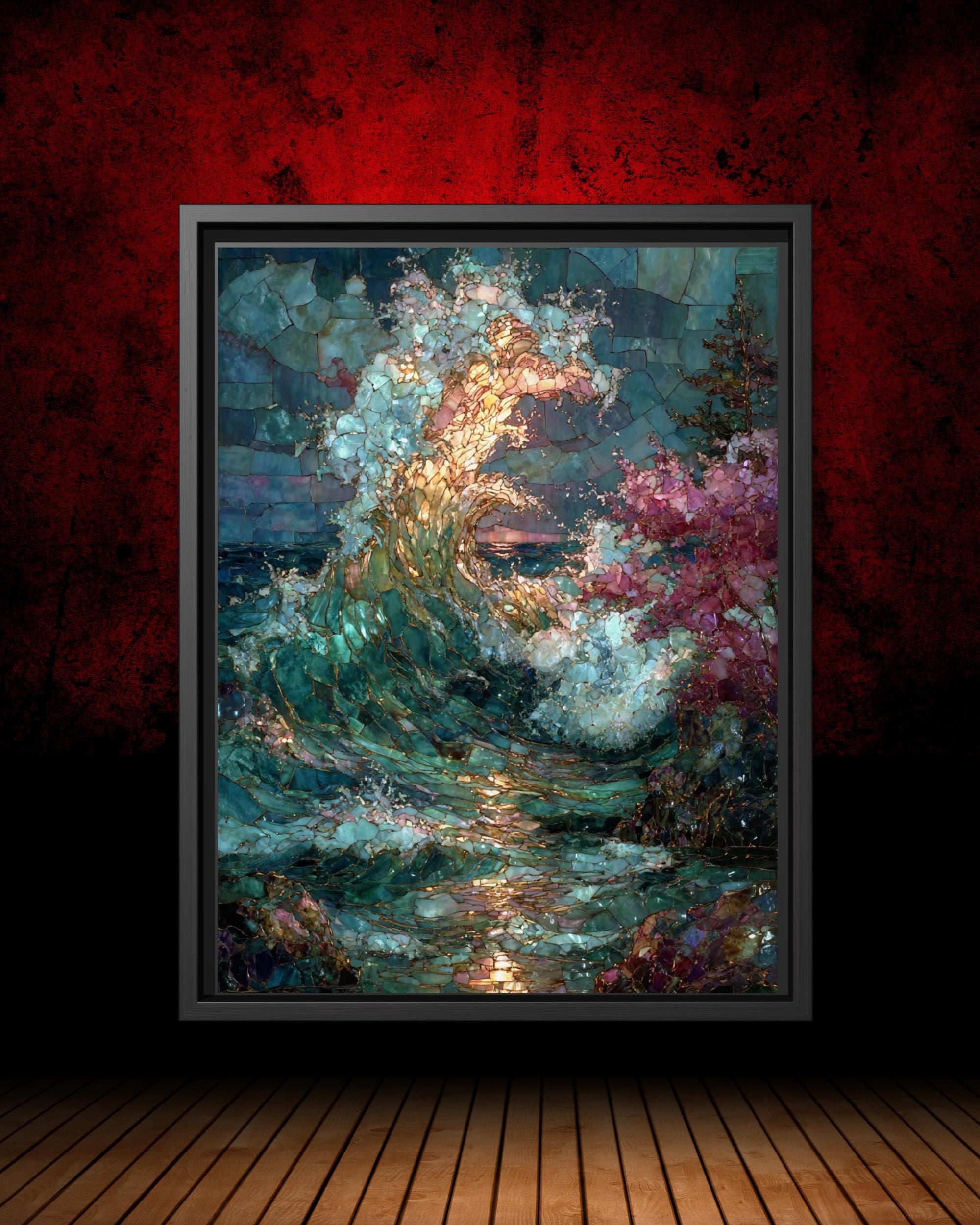 Stained Glass Effect Ocean Tree Wall Print, Wave Art Mosaic, Sea Painting