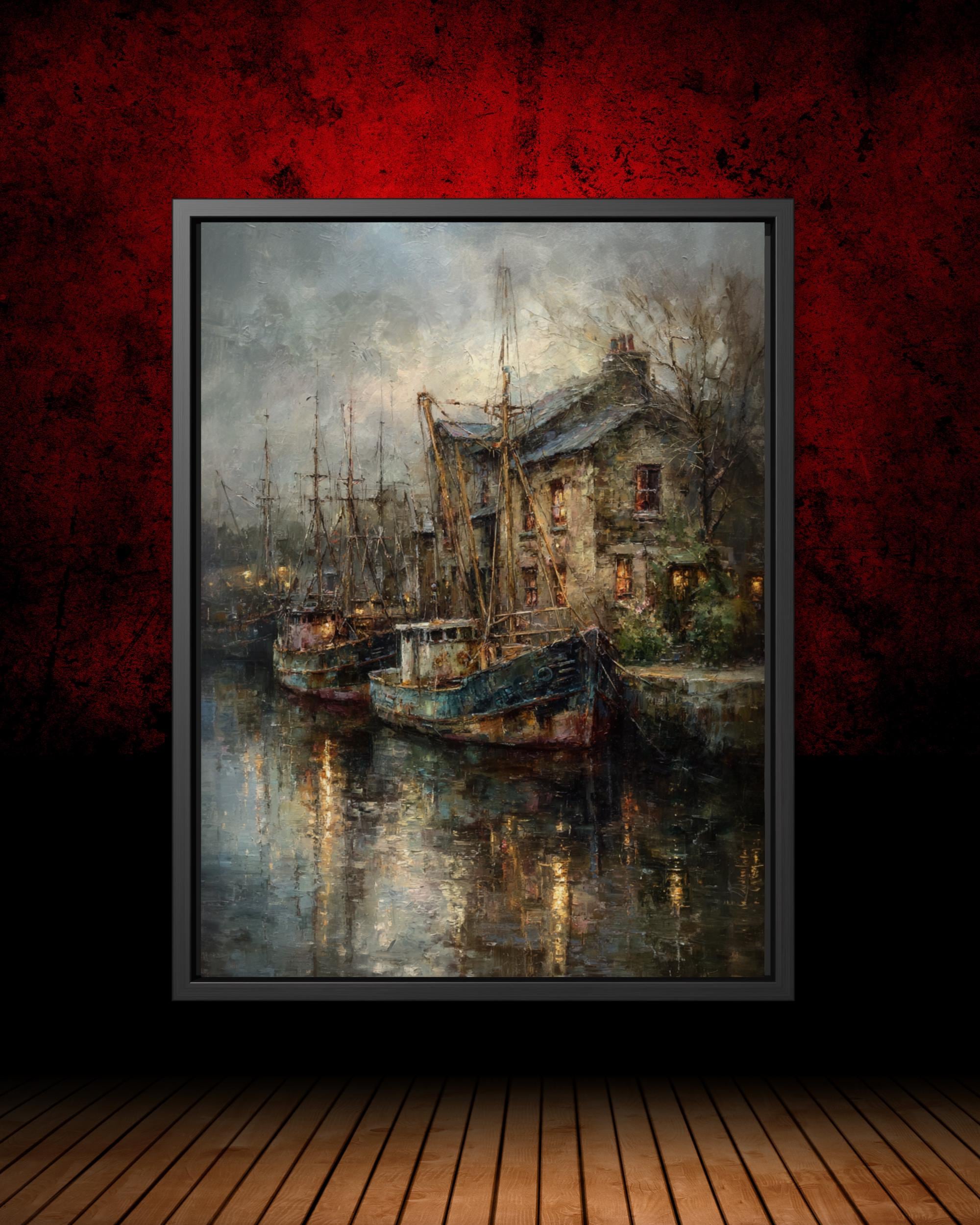 Moody Harbor Art Print, Vintage Boat Painting, Coastal Wall Decor Main image