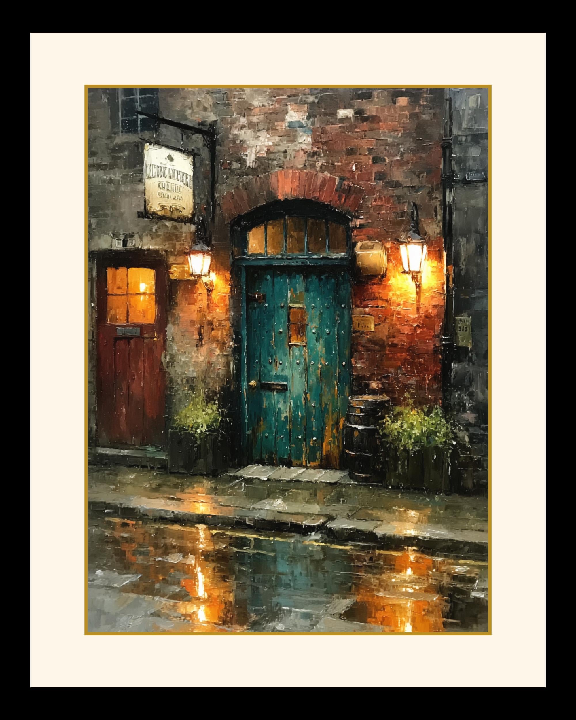 Victorian Pub Doorway Rainy Night Print, Dark Urban Oil Painting Printed Wall Art
