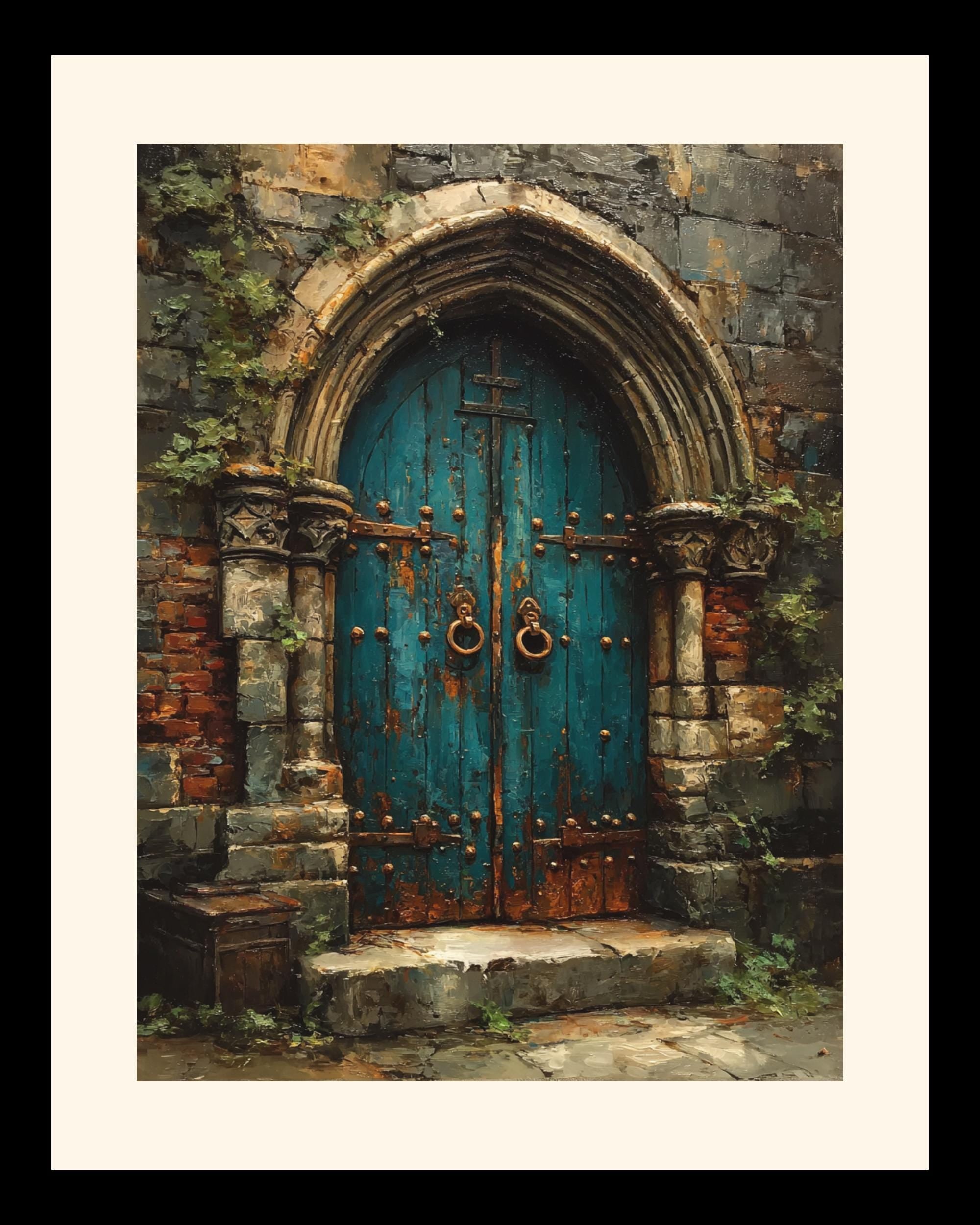 Gothic Turquoise Church Door Print, Rustic Stone Archway Wall Art Painting Secondary image