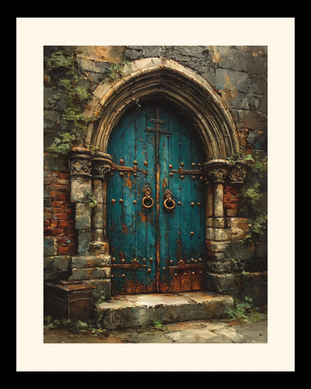 Gothic Turquoise Church Door Print, Rustic Stone Archway Wall Art Painting