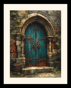 Gothic Turquoise Church Door Print, Rustic Stone Archway Wall Art Painting