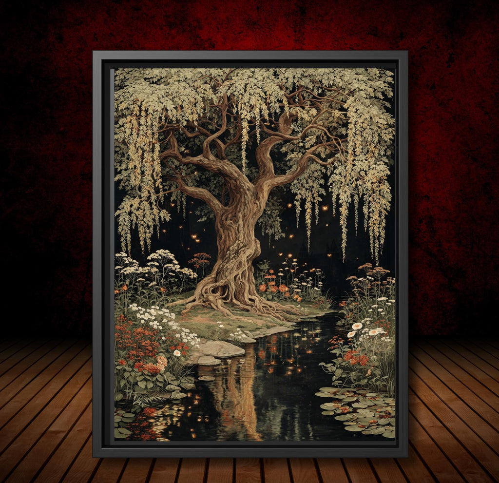 Moonlit Willow Tree Print, Dark Academia Romantic Forest Art, William Morris Inspired Nature Decor