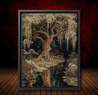 Moonlit Willow Tree Print, Dark Academia Romantic Forest Art, William Morris Inspired Nature Decor