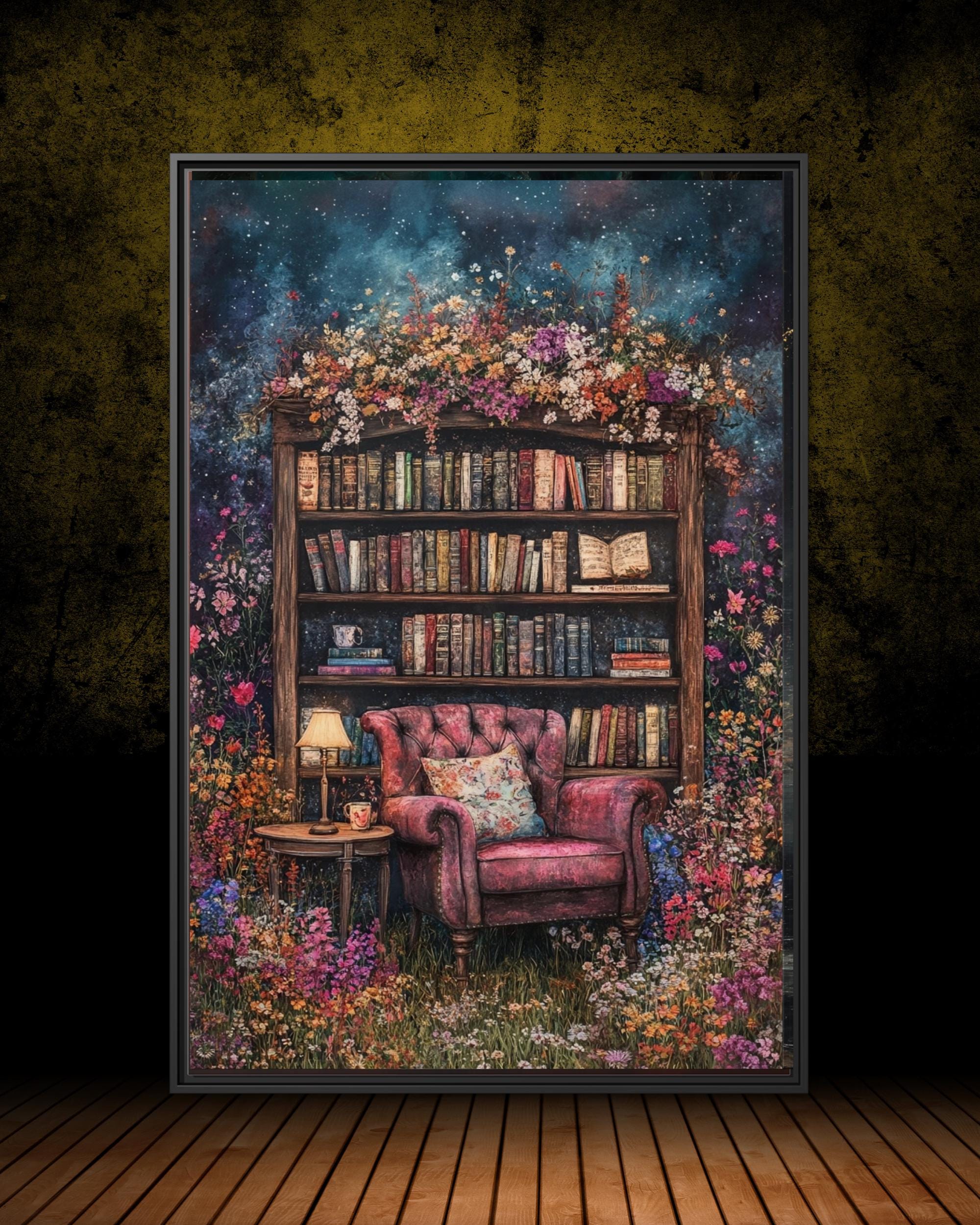 Bookcase in Garden Floral Library Art Print, Reading Nook, Cottagecore Bookworm Whimsical Oil Painting Main image