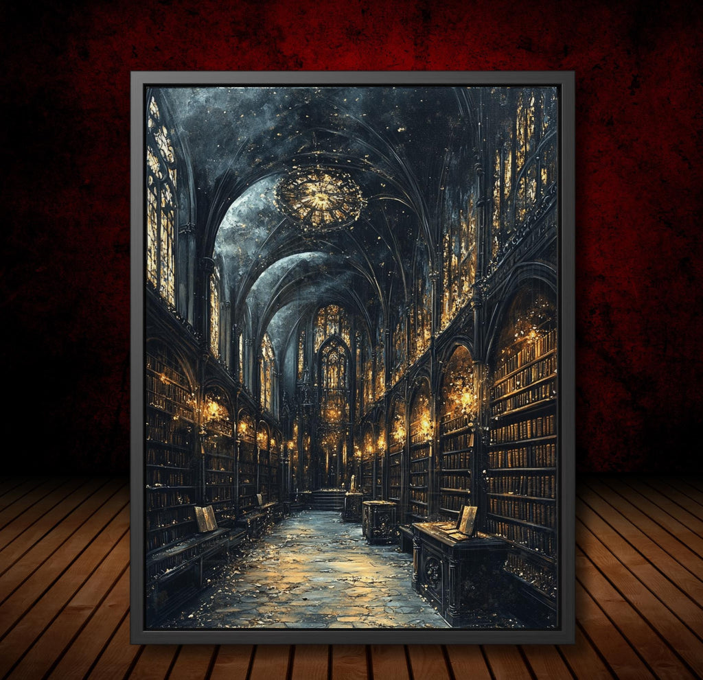 Gothic Cathedral Library Art Print, Christian Church Nave Architecture, Golden Lights