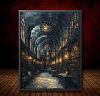 Gothic Cathedral Library Art Print, Christian Church Nave Architecture, Golden Lights