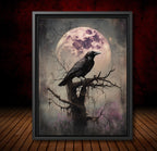 Vintage Black Raven Wall Art Print Pink Full Moon Crow Painting
