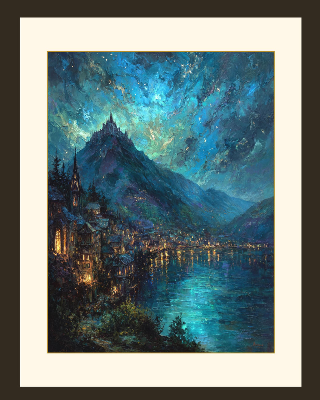 Moonlit Starlit Mountain City Wall Art Print, Teal Night Lake Fantasy Romantasy Decor
