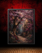 Pink Cherry Blossom Lantern Print, Dark Academia Woodland Tree Wall Art