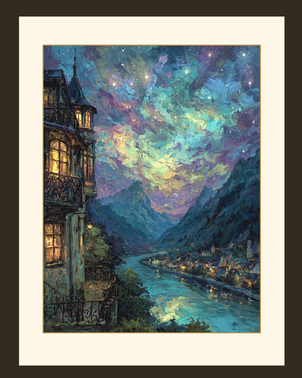 River and Mountains, City of Starlight Fantasy Wall Art Print, Moonlit Night Cityscape Painting