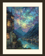 River and Mountains, City of Starlight Fantasy Wall Art Print, Moonlit Night Cityscape Painting