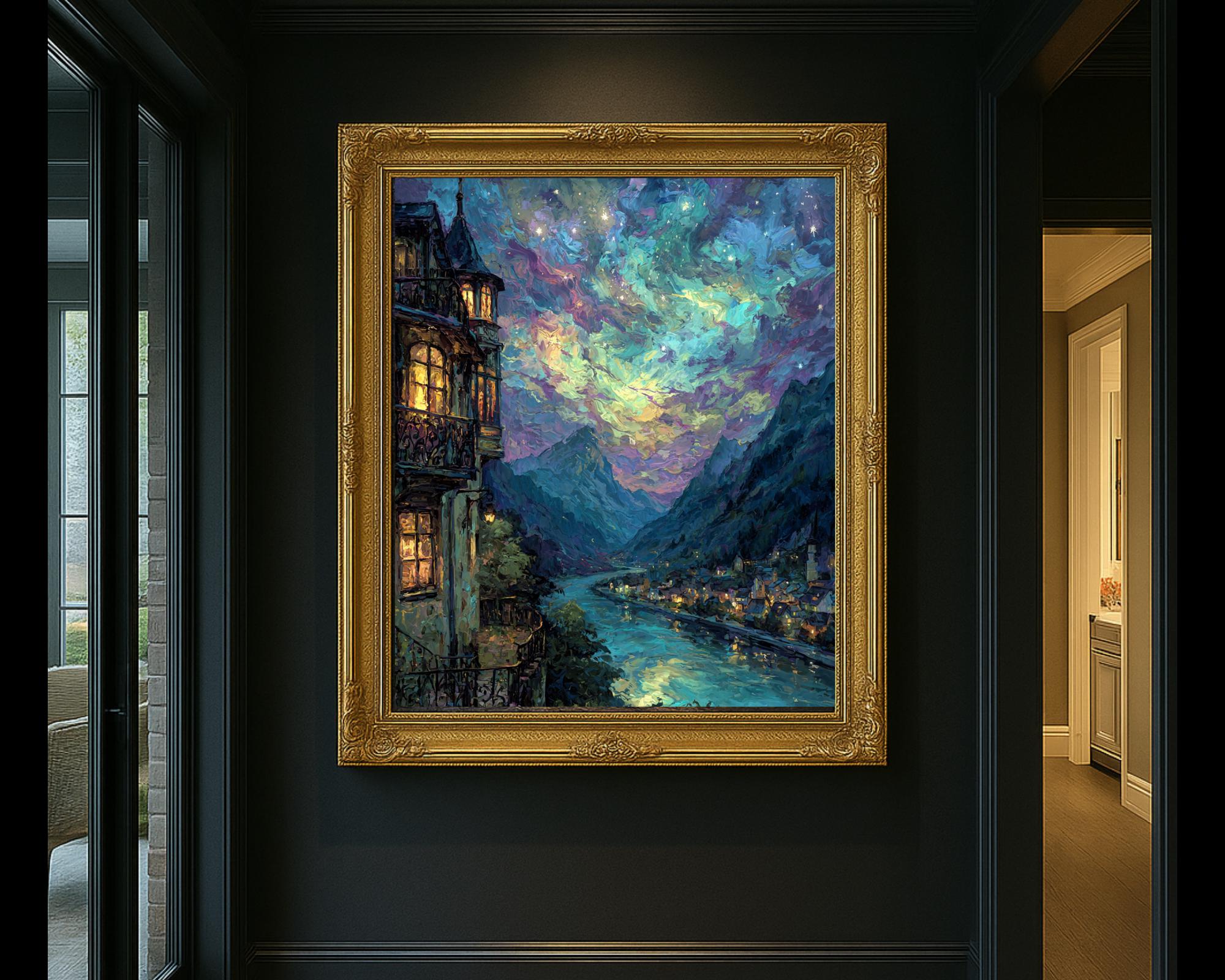 River and Mountains, City of Starlight Fantasy Wall Art Print, Moonlit Night Cityscape Painting