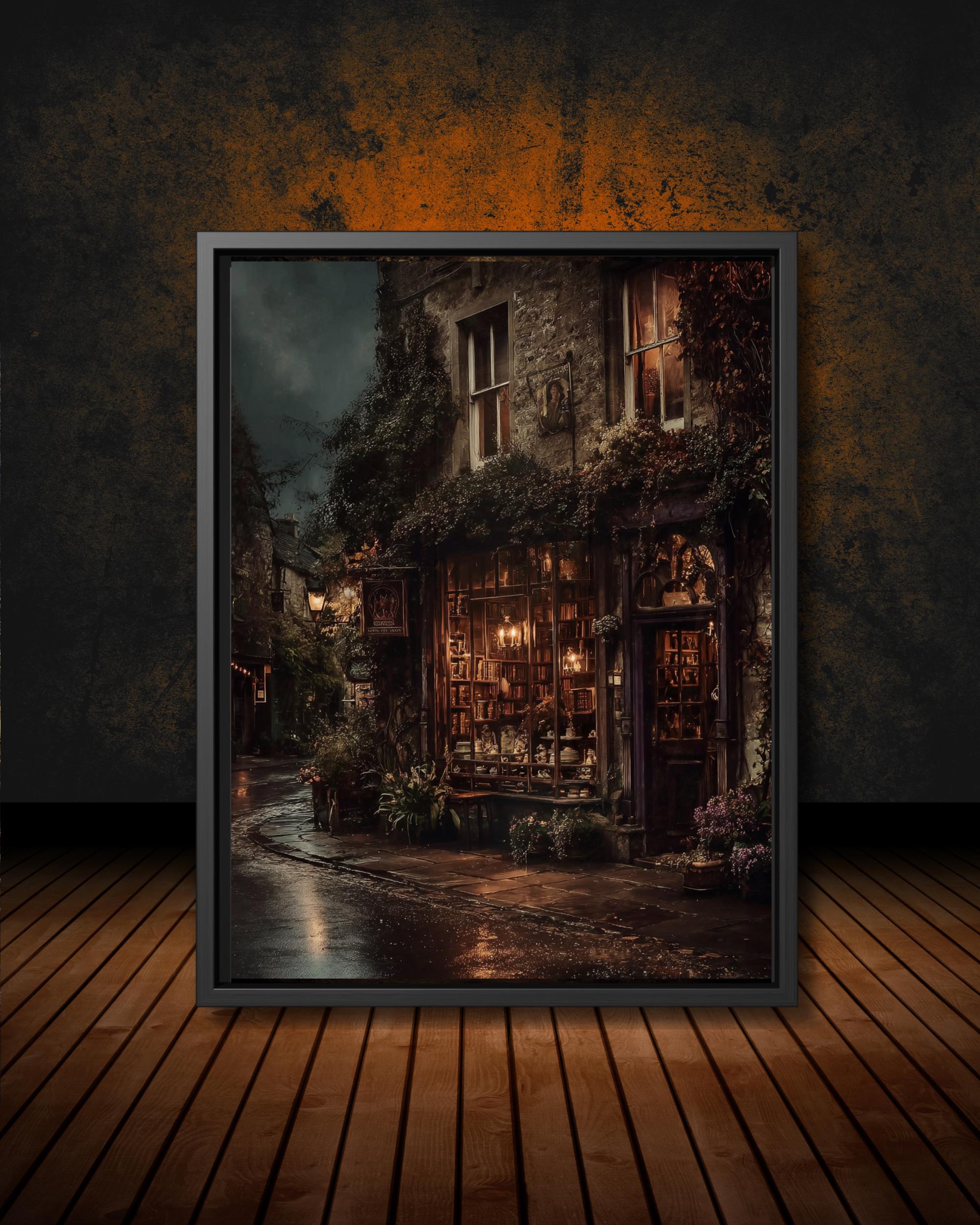 Vintage Rainy Street Bookshop Art Print Night Alley Dark Academia Streets of Europe Decor Secondary image