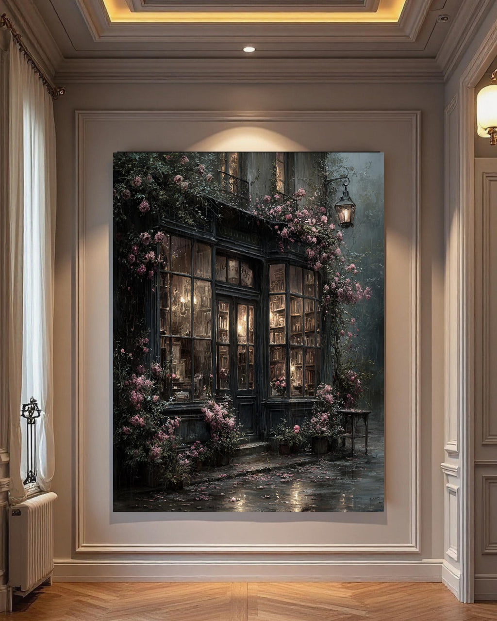 Dark Bookshop Art Print, Romantic Vintage Library Wall Art with Pink Climbing Roses
