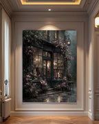 Dark Bookshop Art Print, Romantic Vintage Library Wall Art with Pink Climbing Roses