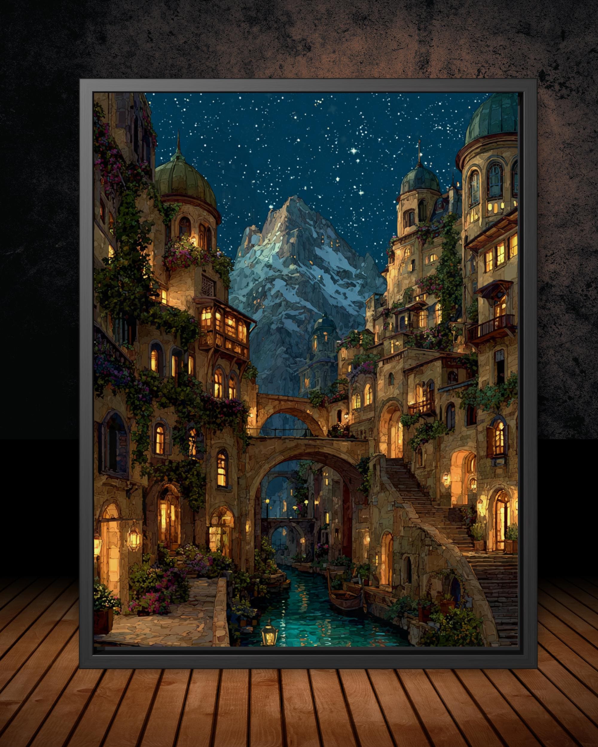 City of Starlight Alpine Village Wall Art Print, Starry Sky at Night Cityscape Painting Main image