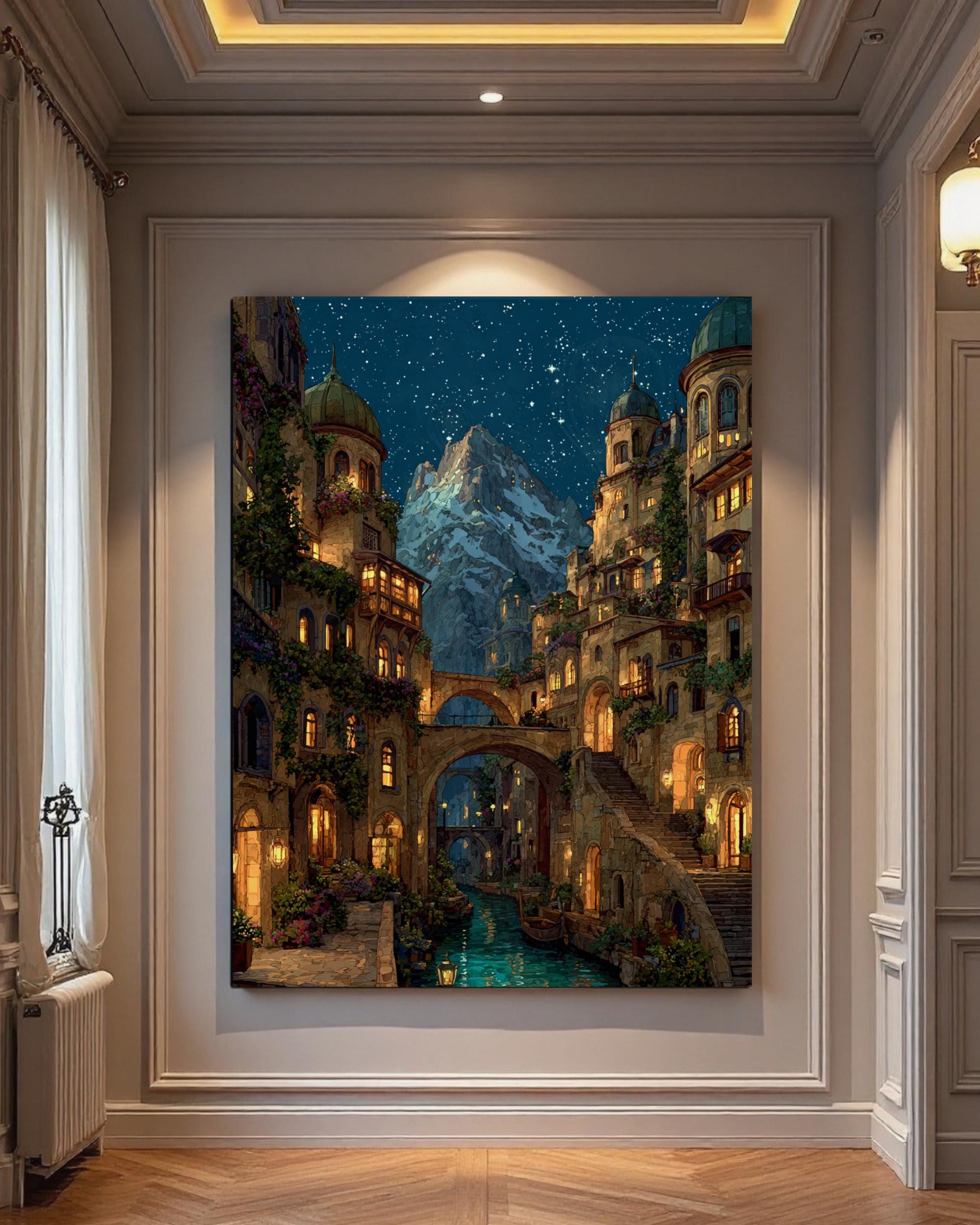 City of Starlight Alpine Village Wall Art Print, Starry Sky at Night Cityscape Painting
