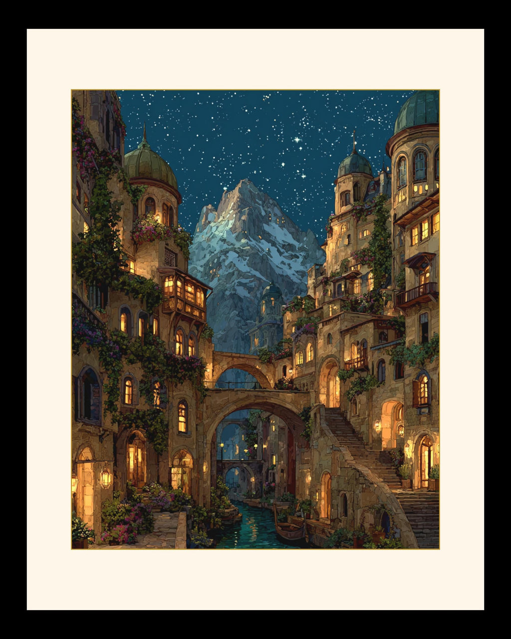 City of Starlight Alpine Village Wall Art Print, Starry Sky at Night Cityscape Painting