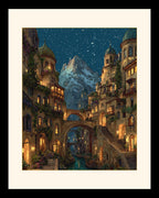 City of Starlight Alpine Village Wall Art Print, Starry Sky at Night Cityscape Painting