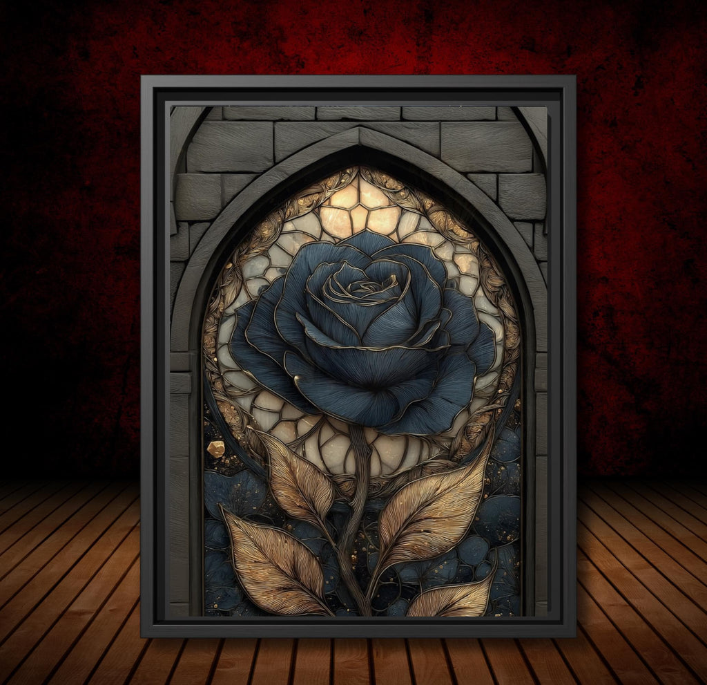 Stained Glass Black Rose Print, Gothic Floral Botanical Art, Dark Moody Wall Decor