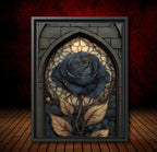 Stained Glass Black Rose Print, Gothic Floral Botanical Art, Dark Moody Wall Decor