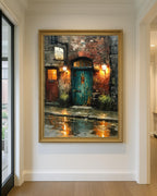 Victorian Pub Doorway Rainy Night Print, Dark Urban Oil Painting Printed Wall Art