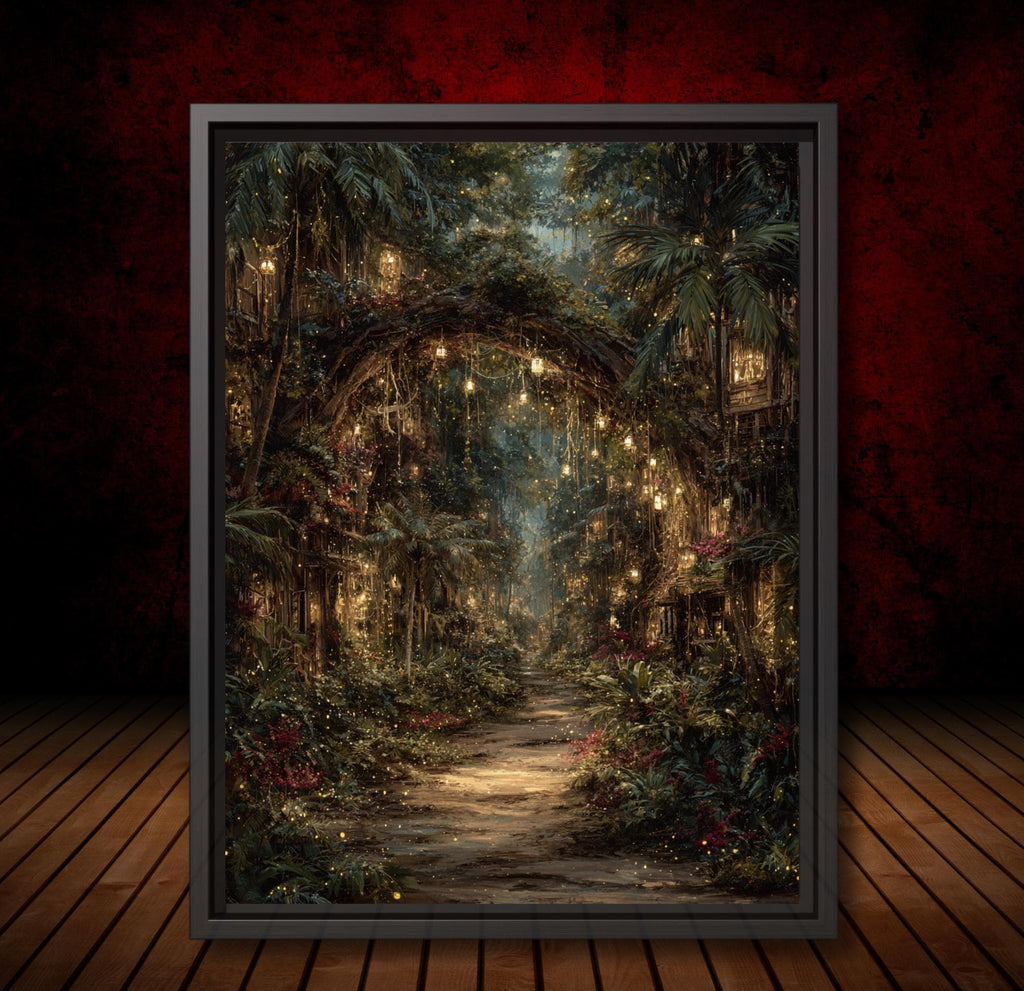 Enchanted Jungle Forest Path Wall Art Print Hanging Lanterns Moody Fairytale Woodland