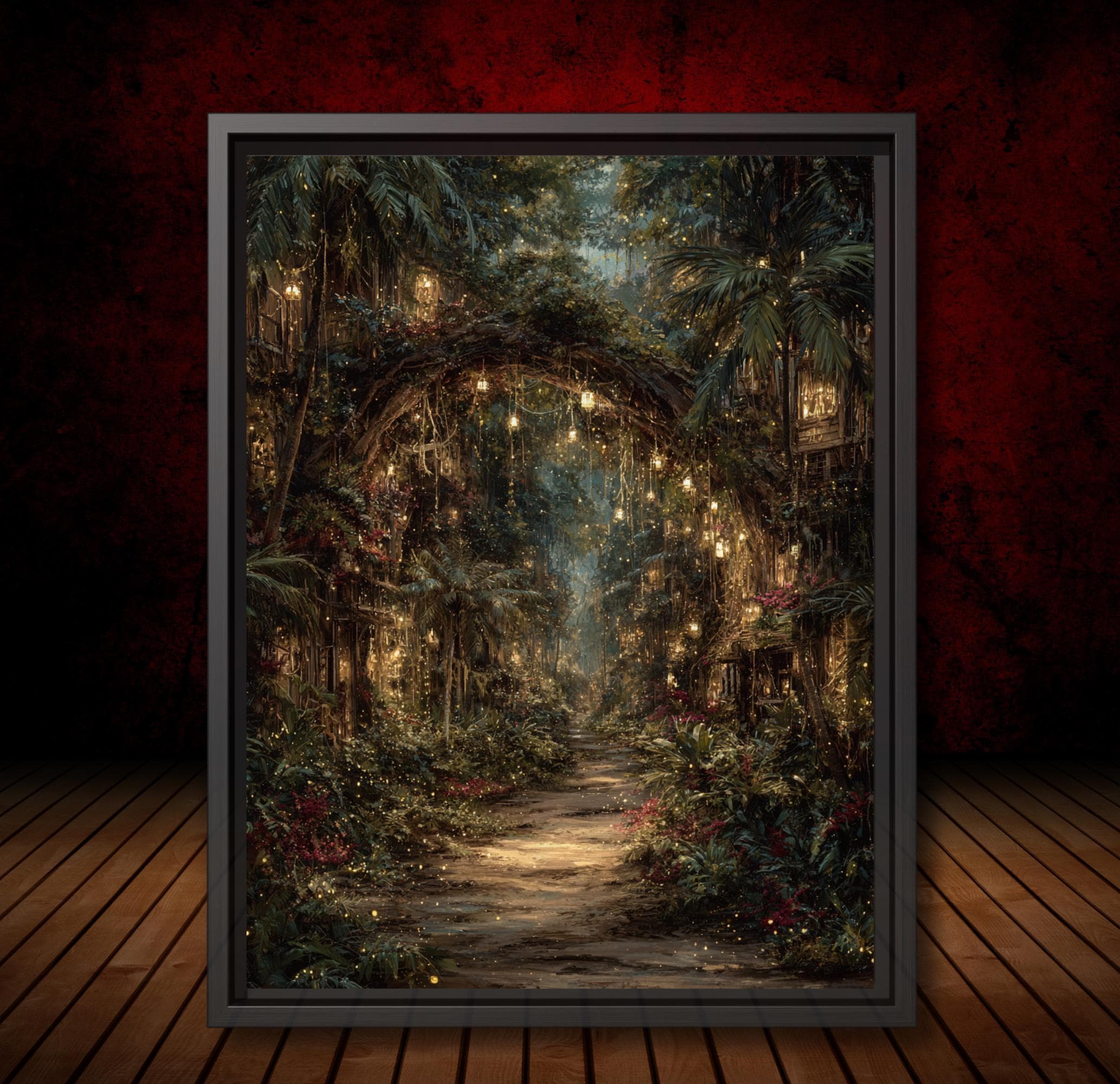 Enchanted Jungle Forest Path Wall Art Print Hanging Lanterns Moody Fairytale Woodland