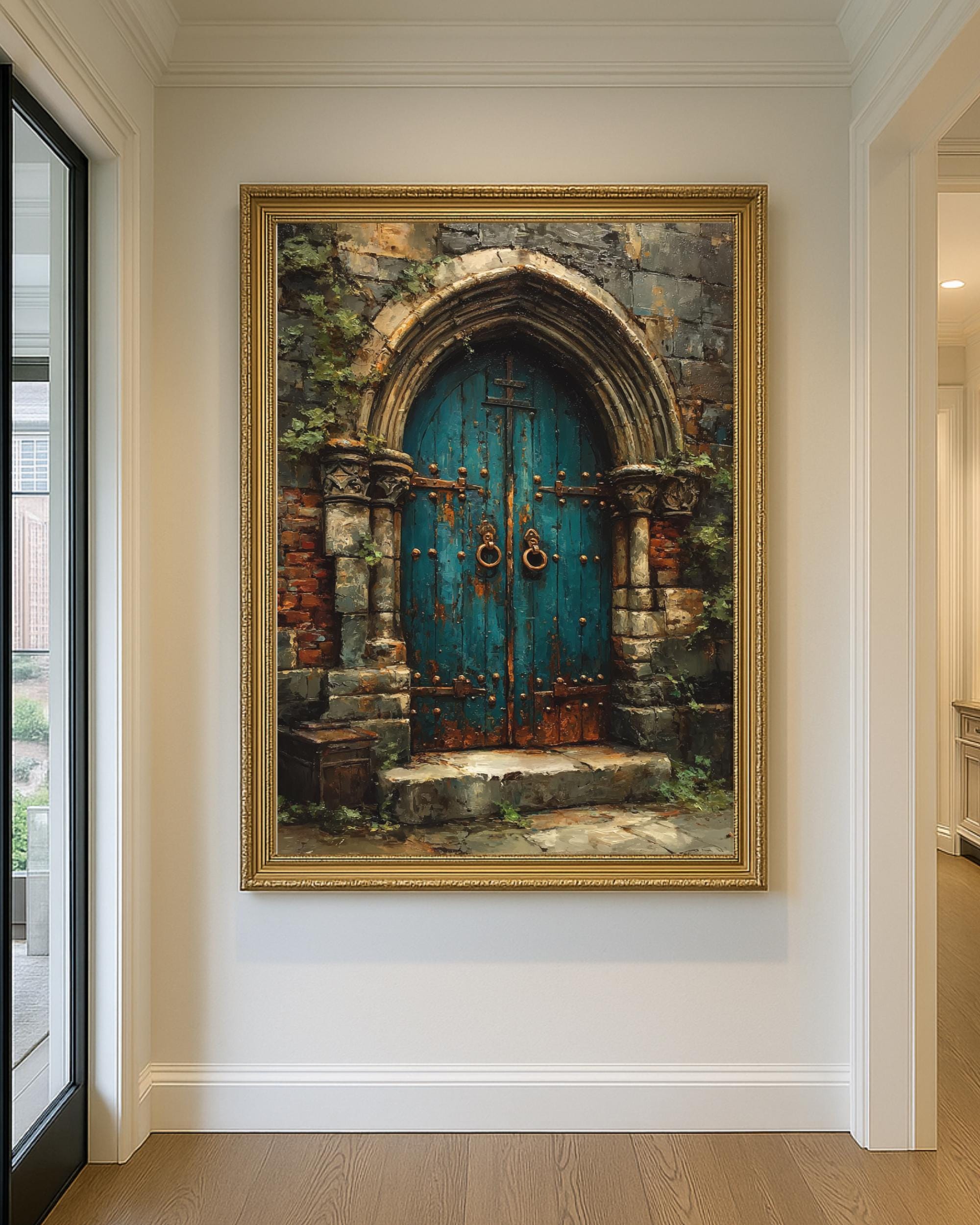 Gothic Turquoise Church Door Print, Rustic Stone Archway Wall Art Painting