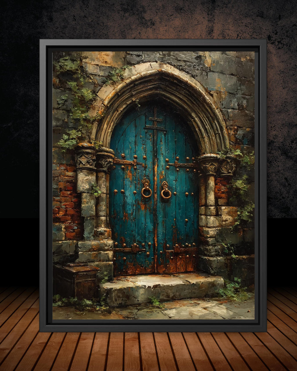 Gothic Turquoise Church Door Print, Rustic Stone Archway Wall Art Painting