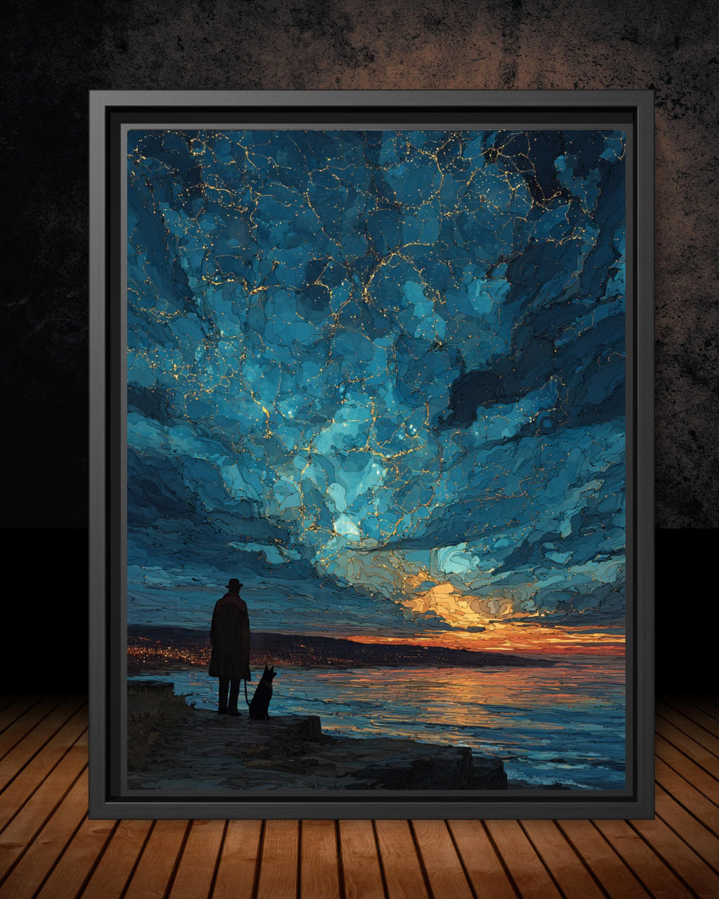 Man and Dog Silhouette Art Print, Starry Ocean Sunset Sky Celestial Painting