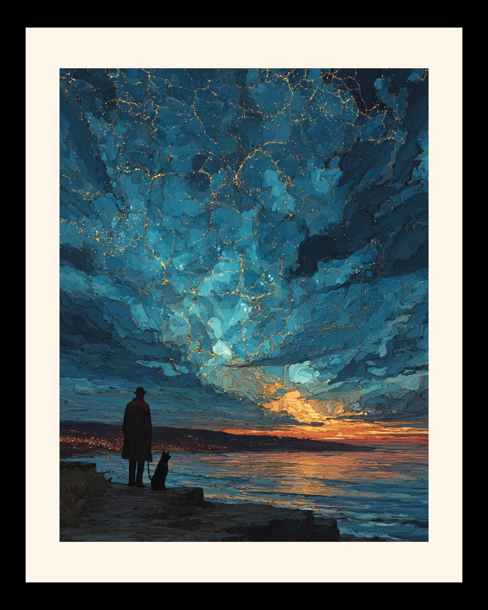 Man and Dog Silhouette Art Print, Starry Ocean Sunset Sky Celestial Painting Secondary image