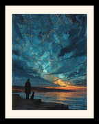Man and Dog Silhouette Art Print, Starry Ocean Sunset Sky Celestial Painting
