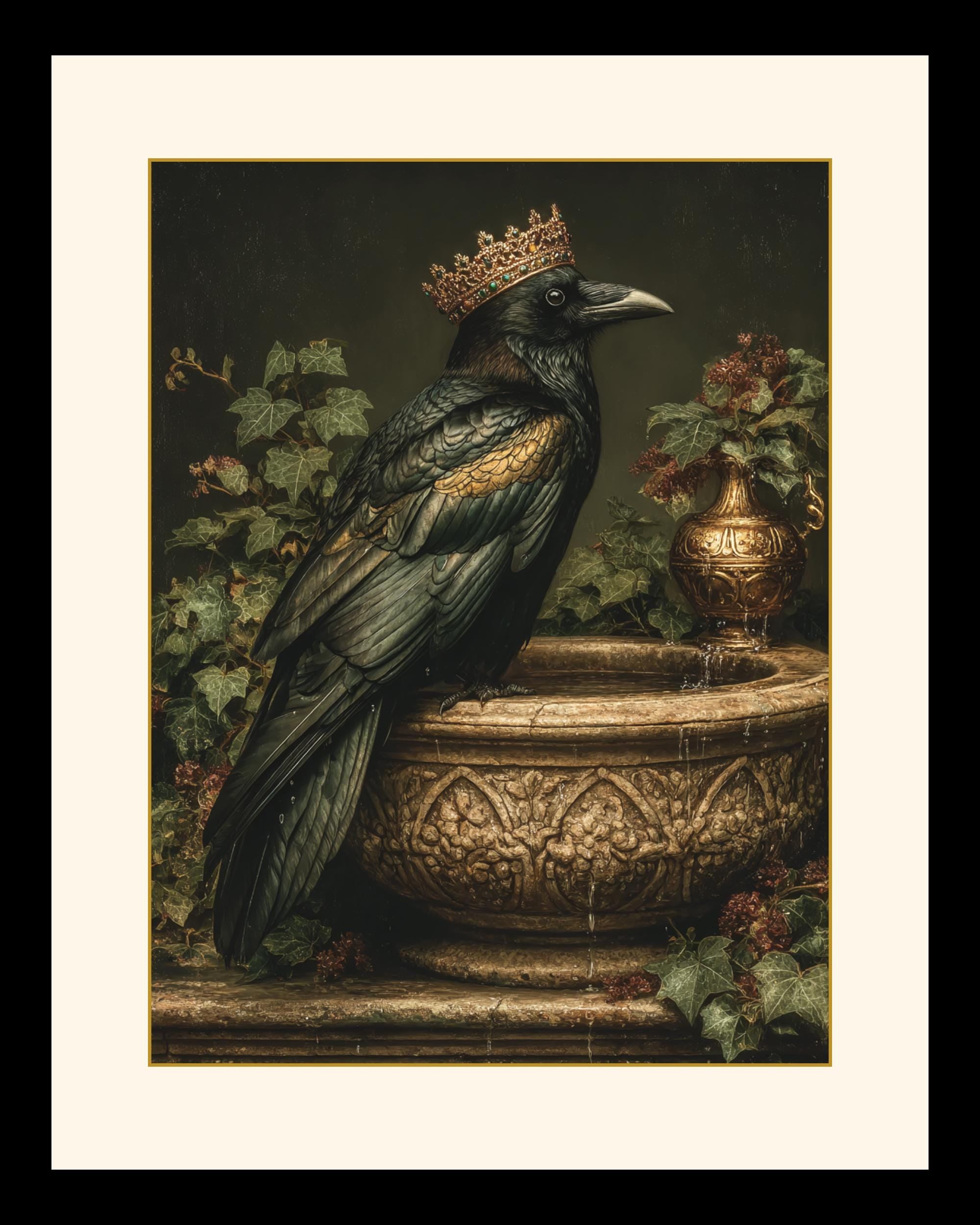 Emerald Raven With Crown on Stone Bird Bath Gothic Wall Art Canvas Print