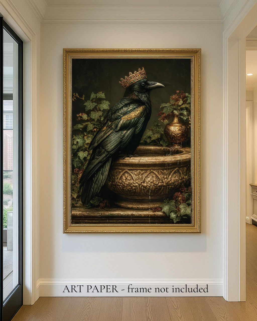 Emerald Raven With Crown on Stone Bird Bath Gothic Wall Art Canvas Print