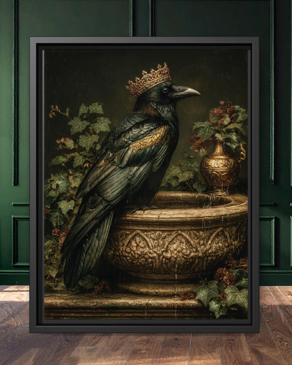 Emerald Raven on Stone Fountain Gothic Wall Art Canvas Print